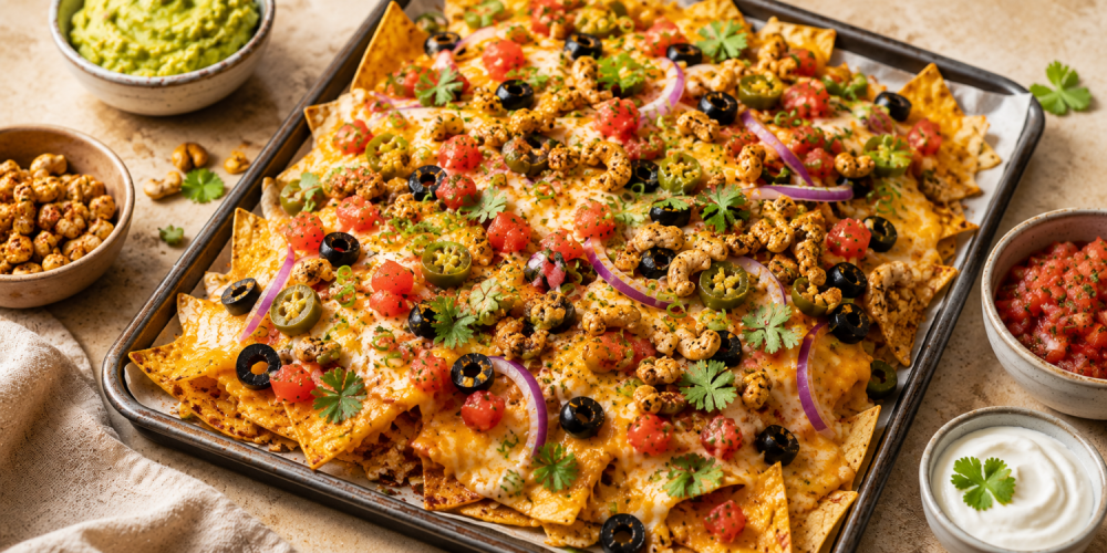 Krokante nacho's uit de oven met pinda cashew honing peper & olijven