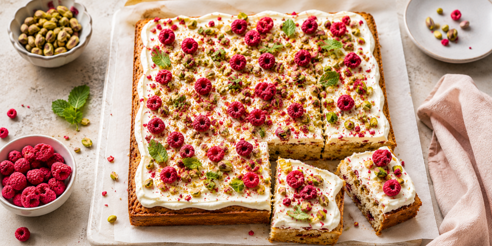 Pistache-Framboos plaatcake
